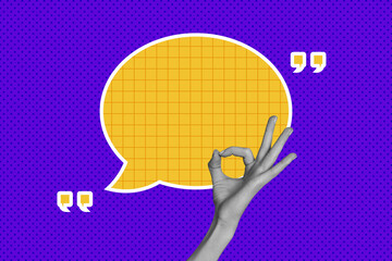 Full 3d poster art collage of human hand show okay gesture approval deal feedback bubble...