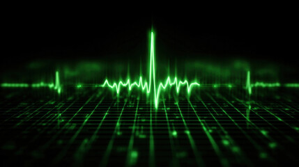 Abstract cardiology concept with seamless heartbeat waveform, luminous green electrocardiogram on deep black grid screen, tech-inspired health and diagnostics theme