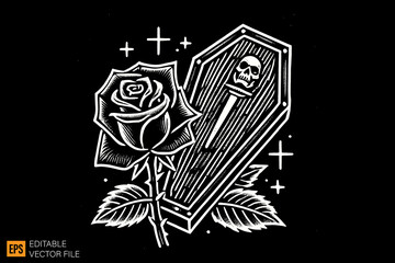 a funerary box coffins dark horror art illustration design black and white backgroud templates