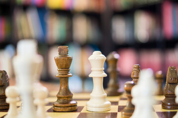 Chess game with selective focus of a black King and a white Queen amidst the pieces