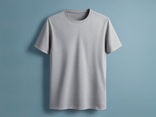 Cinematic realistic shot of a plain light grey heather T-shirt, subtle marled texture, gentle drape, dramatically lit against a plain muted blue background, creating subtle reflections and soft shadow