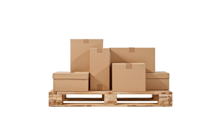 Cardboard boxes stacked on wooden pallet in warehouse setting on a transparent background  