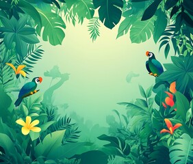 Fototapeta premium A cartoon jungle background with a tropical rainforest theme, featuring lush green foliage and exotic birds