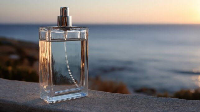 Clear glass perfume bottle with silver spray nozzle placed on stone surface outdoor near sea with calm water and warm sunset lighting in background
