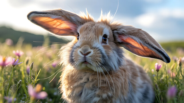 Fluffy rabbit with large ears in a field of flowers.
 - Powered by Adobe