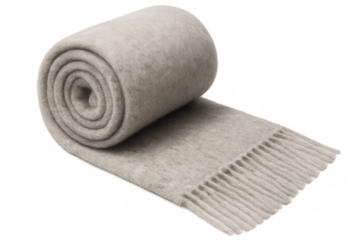 Rolled gray cashmere or wool throw blanket with fringes on a transparent background, perfect for cozy winter days