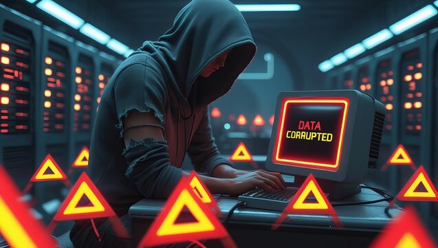A young male hacker in a hoodie confronts a corrupted data issue on an outdated computer in a dimly lit server room. - Powered by Adobe