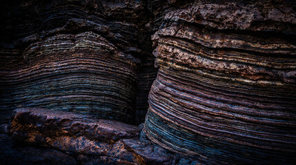 Glowing sedimentary rock layers pulsing with ancient energy, revealing Earth's geological history.
