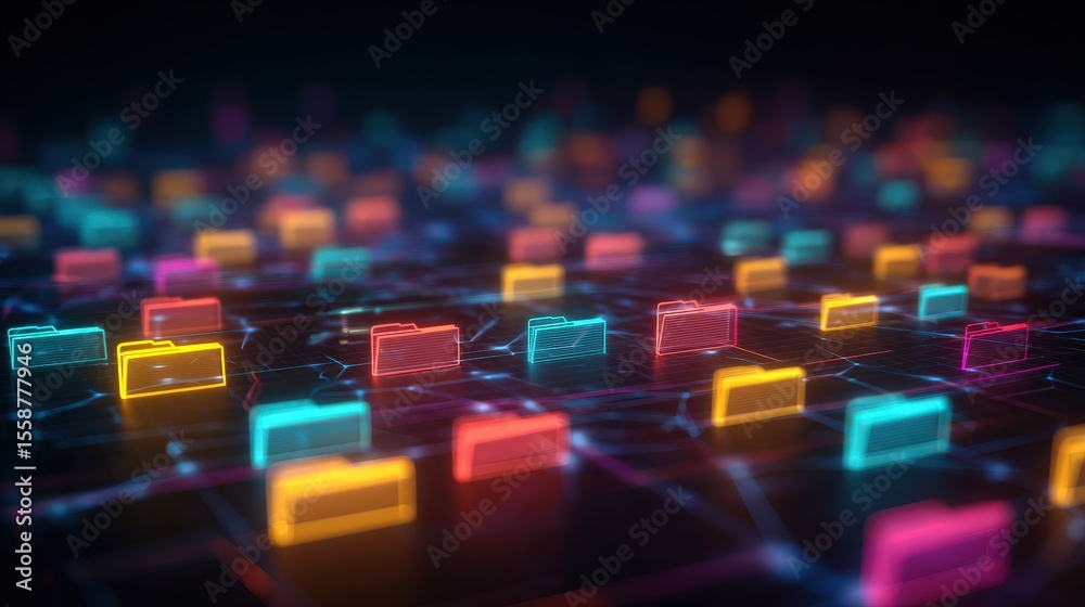 Poster abstract network grid with files and folders, futuristic software interface, digital document manage