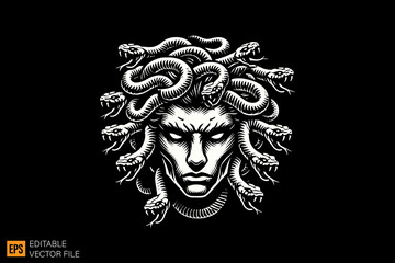medusa head dark horror art illustration design black and white backgroud templates