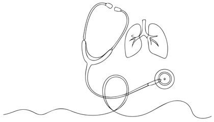 Black and white line drawing of lungs and stethoscope medical healthcare