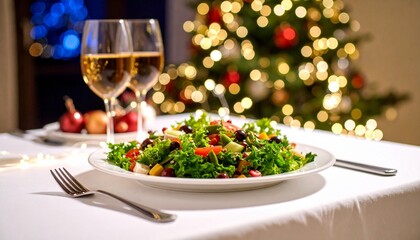 Christmas dinner table with fresh salad and wine glasses