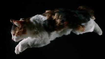 Calico cat mid-air jump with legs extended and fur patterns visible on a black background isolated captured in motion with focused eyes and alert ears in active pose