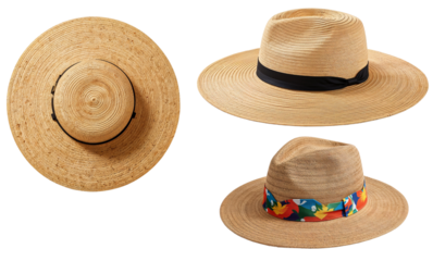Set of straw sun hats on a transparent background
