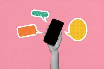 3d zine full image art collage of human hand hold smartphone device type message notification...
