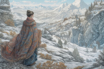 Atmospheric illustration in the style of fairytale realism, depicting a woman in a richly decorated cape, standing on a snowy slope overlooking a picturesque valley and majestic mountains.  
