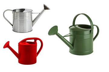 set of colorful garden watering cans in various styles and designs on a transparent background  