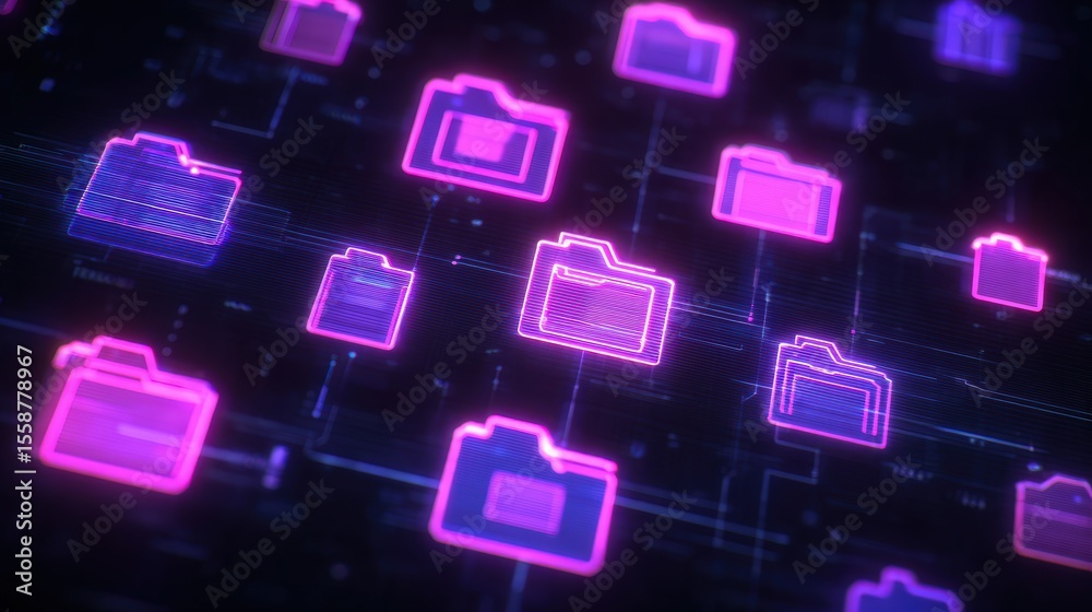 Poster abstract network grid with files and folders, futuristic software interface, digital document manage