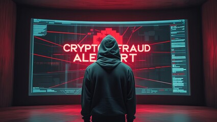 A hooded figure stands in front of a large screen displaying a 'Crypto Fraud Alert' in a dark, tech-inspired setting.
