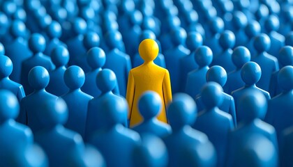 Stand Out From The Crowd A single yellow figure among many blue ones.