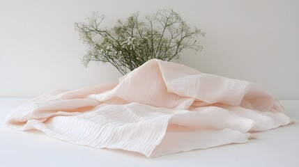 Soft Pink Linen Fabric Drape with Flowers, Elegant Textured Textile