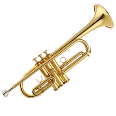 Obraz premium A gleaming gold trumpet rests on a white background, isolated on transparent background