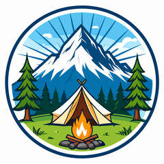 Camping scene tent fire mountain backdrop within a blueedged circle