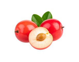 Fresh shiny red plums with green leaves and a cut plum showing the pit.