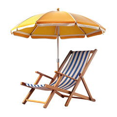 Beach Chair with Sun Umbrella Isolated on Pure White Background

