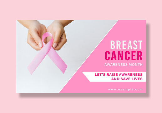 Editable Breast Cancer Awareness Month Web Banner Template &ndash; Pink Ribbon Symbol with Hands Holding Support Message