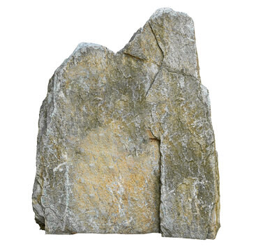 Large monolithic multilayer light gray yellow stone pedestal granite marble block fractured isolated on transparent background closeup.
