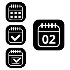 Vector illustration of collection of white calendar icons on black background with rounded ends for websites and graphic resources. Flat calendar icon with specific day marked, day 02.
