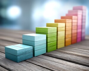 Colorful blocks forming a rising graph on wooden surface