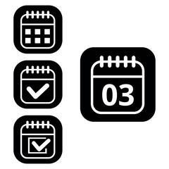 Vector illustration of collection of white calendar icons on black background with rounded ends for websites and graphic resources. Flat calendar icon with specific day marked, day 03.