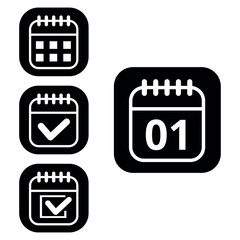 Vector illustration of collection of white calendar icons on black background with rounded ends for websites and graphic resources. Flat calendar icon with specific day marked, day 01.