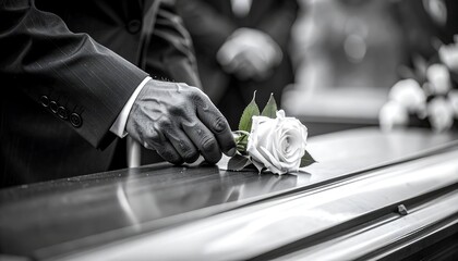Mourner placing flower on casket