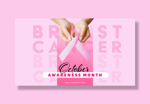 Editable Breast Cancer Awareness Month Web Banner Template &ndash; Pink Ribbon Symbol with Hands Holding Support Message