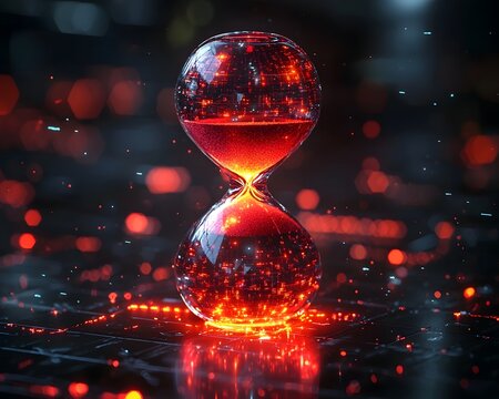 Glowing red hourglass with a digital glitch effect