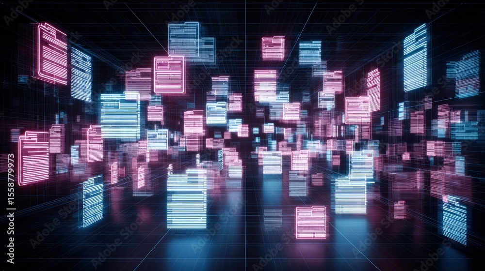 Poster abstract network grid with files and folders, futuristic software interface, digital document manage