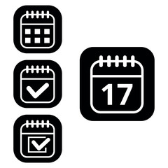 Vector illustration of collection of white calendar icons on black background with rounded ends for websites and graphic resources. Flat calendar icon with specific day marked, day 17.