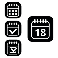 Vector illustration of collection of white calendar icons on black background with rounded ends for websites and graphic resources. Flat calendar icon with specific day marked, day 18.