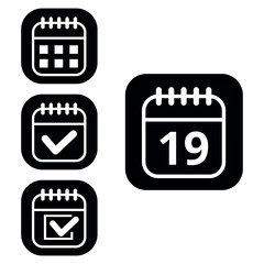 Vector illustration of collection of white calendar icons on black background with rounded ends for websites and graphic resources. Flat calendar icon with specific day marked, day 19.