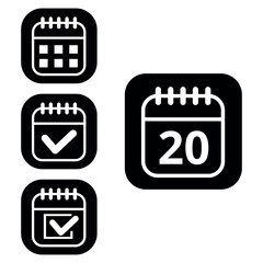 Vector illustration of collection of white calendar icons on black background with rounded ends for websites and graphic resources. Flat calendar icon with specific day marked, day 20.