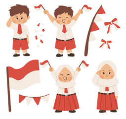 Indonesia's kids holding Indonesia's flag in Independence day. Cute hand drawn element clipart