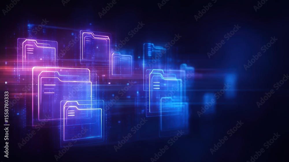 Poster abstract network grid with files and folders, futuristic software interface, digital document manage