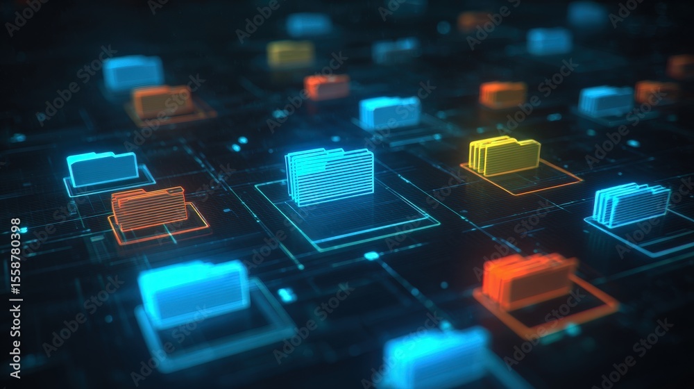 Poster abstract network grid with files and folders, futuristic software interface, digital document manage