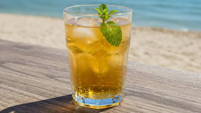 Refreshing iced tea with mint leaves on beachside table