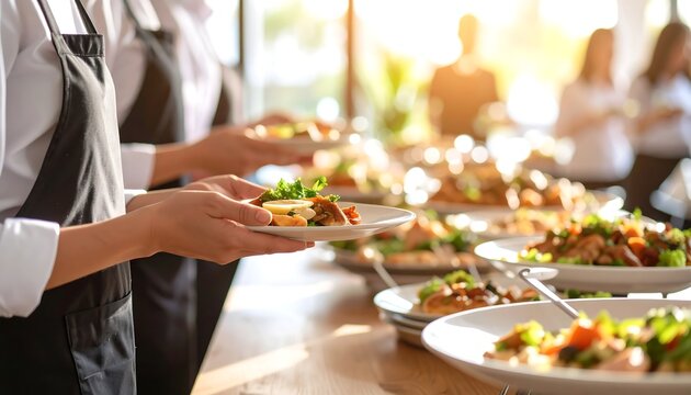 Buffet food service Waitstaff serving plates of catered appetizers and salads