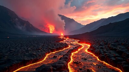 Dramatic volcanic eruption with a glowing river of lava flowing down a mountain at dusk. Concept of nature's power, geology, and environmental disaster. - Powered by Adobe