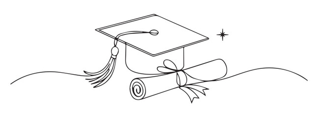 Graduation cap and diploma with tassel and ribbon scroll